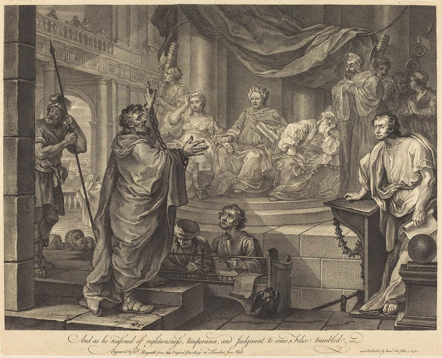 Gravura de Hogarth: Paulo, de pé e de braços abertos, fala diante do governador Félix e de Drusila, sentados sob um dossel, com soldados e um escriba
