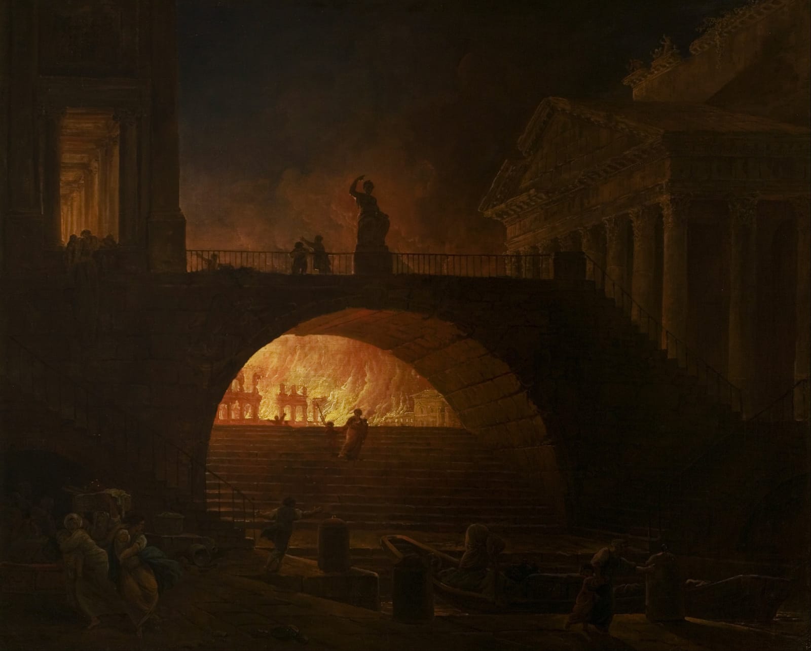 Pintura de Hubert Robert: Roma em chamas à noite, com um arco de pedra em primeiro plano e um vulto sobre a ponte
