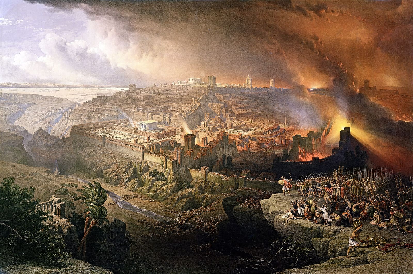 Litografia a partir de David Roberts: Jerusalém em chamas durante o cerco romano, com o exército em primeiro plano e a fumaça sobre a cidade