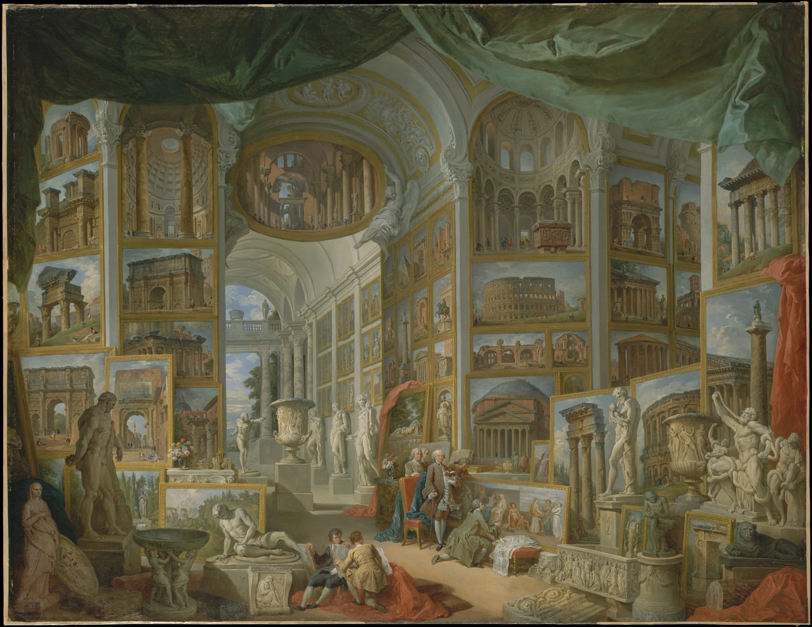 Pintura de Giovanni Paolo Panini: uma galeria imaginária com os monumentos da Roma antiga, o Coliseu, o Panteão, a Coluna de Trajano e estátuas