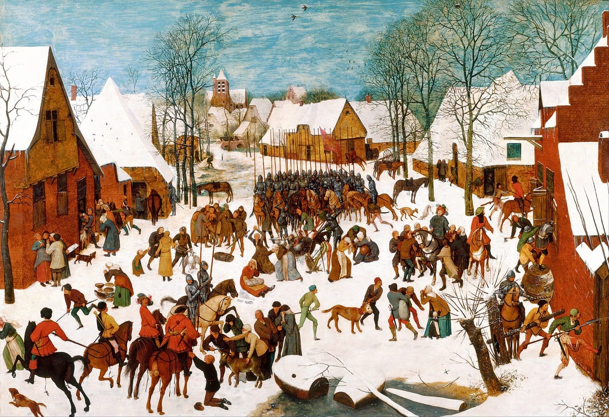 Pintura de Bruegel com soldados a cavalo entrando numa aldeia coberta de neve