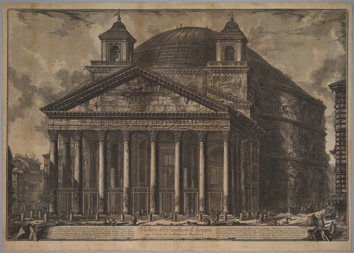 Gravura de Piranesi do Panteão de Roma, com o pórtico de colunas e a cúpula