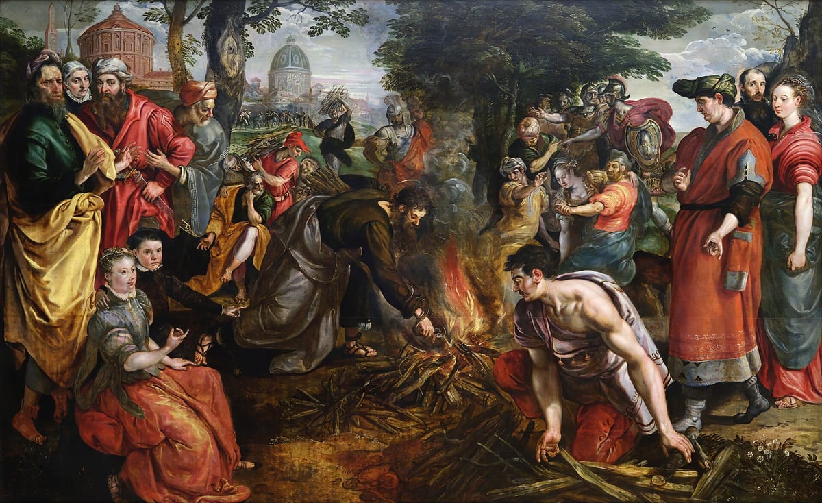 Pintura de Maerten de Vos: Paulo sacode a víbora da mão diante de uma fogueira, com gente da ilha ao redor