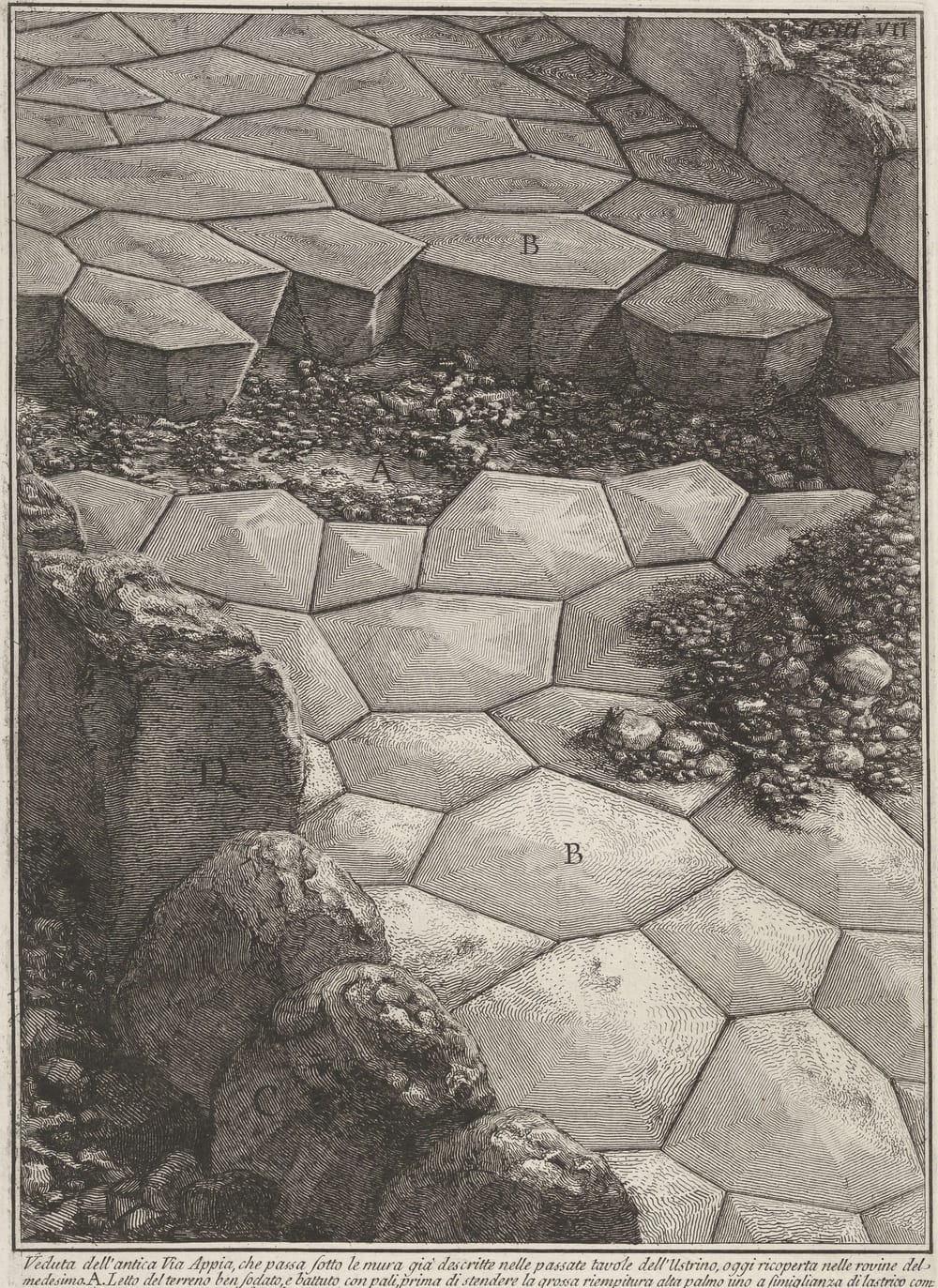 Gravura de Piranesi mostrando blocos poligonais de rocha vulcânica da Via Ápia