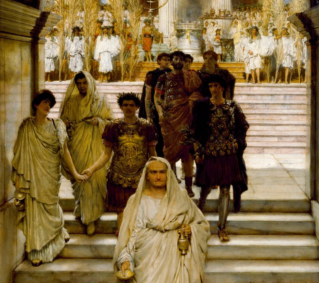 Pintura de Alma-Tadema: Vespasiano, de toga branca, desce uma escadaria à frente do cortejo do triunfo, com Tito de couraça e outros atrás