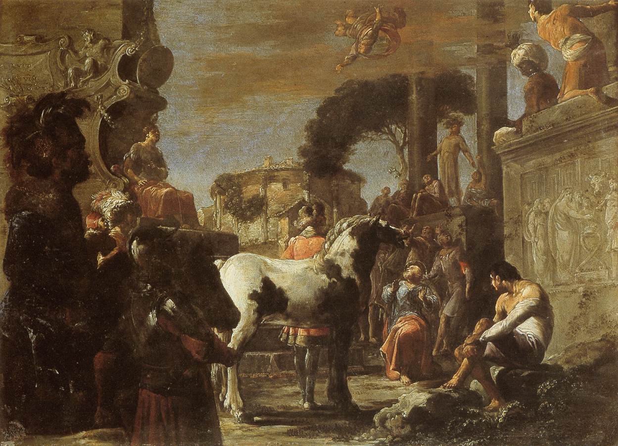 A queda de Simão, o Mago, em cenário de ruínas romanas, pintura de Leonaert Bramer