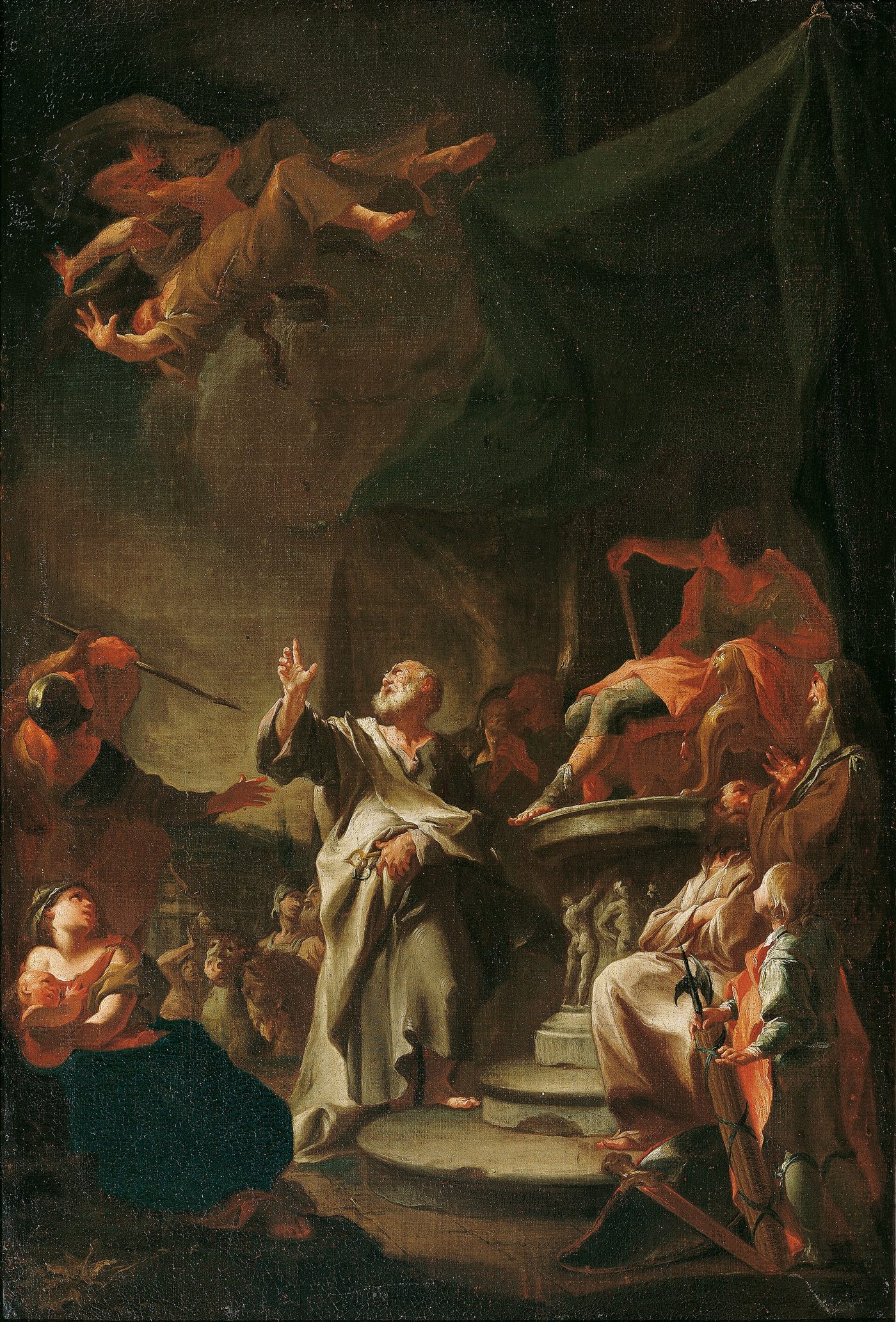 A queda de Simão, o Mago, ferido no ar enquanto Pedro ora, pintura de Paul Troger