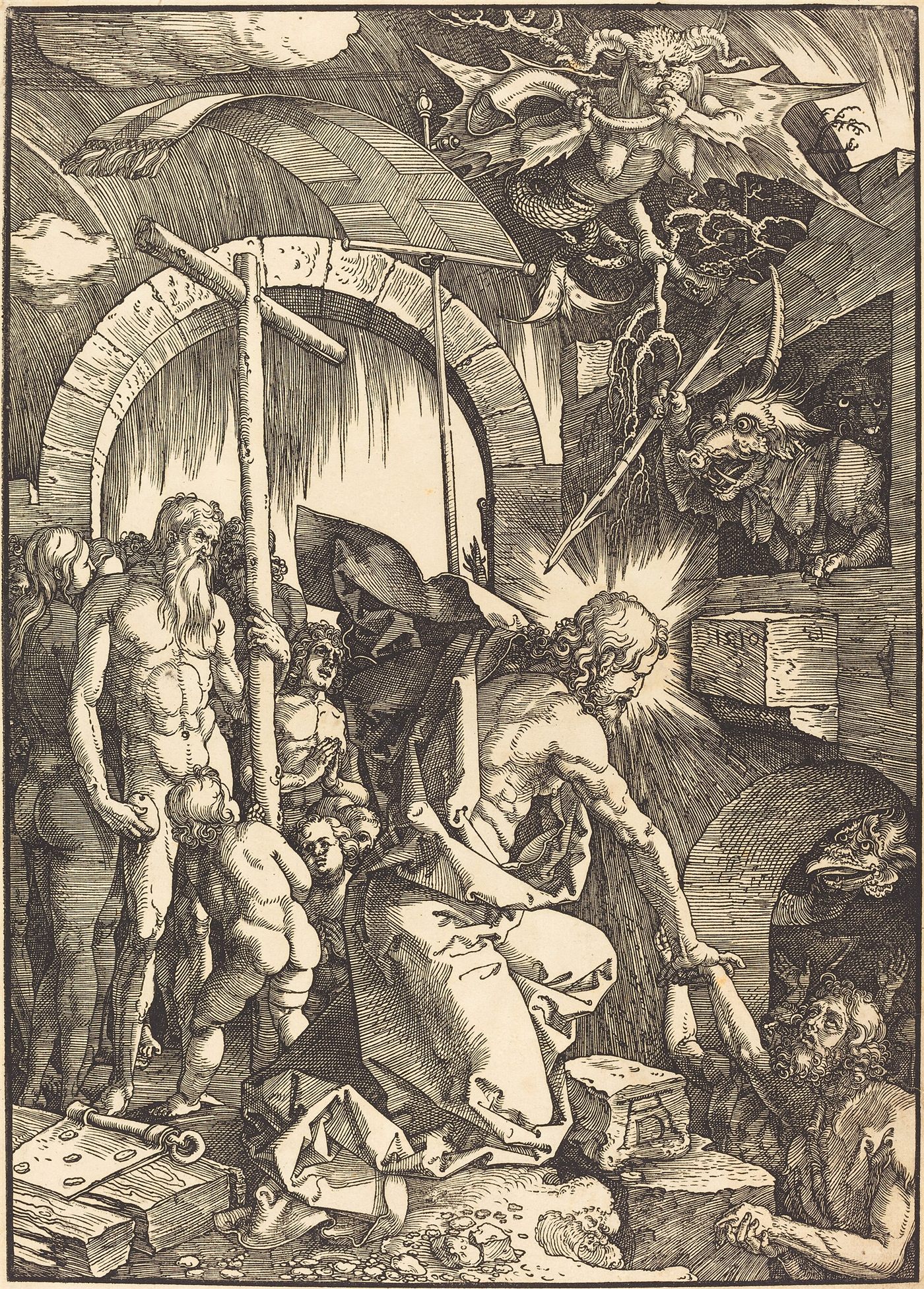Cristo no Limbo, xilogravura de Albrecht Dürer: Cristo liberta os justos diante de demônios derrotados