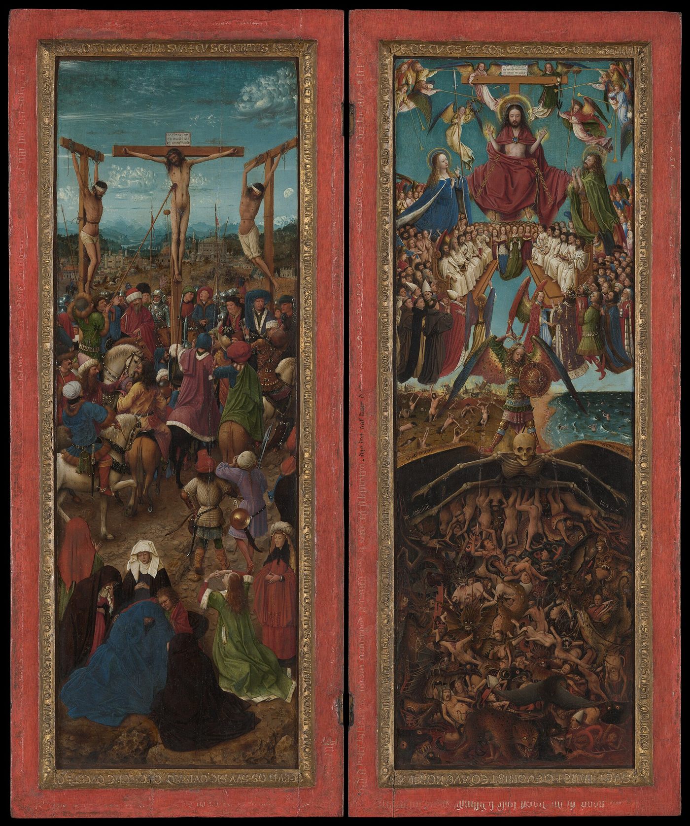 Díptico de Jan van Eyck: a Crucificação à esquerda e o Juízo Final à direita