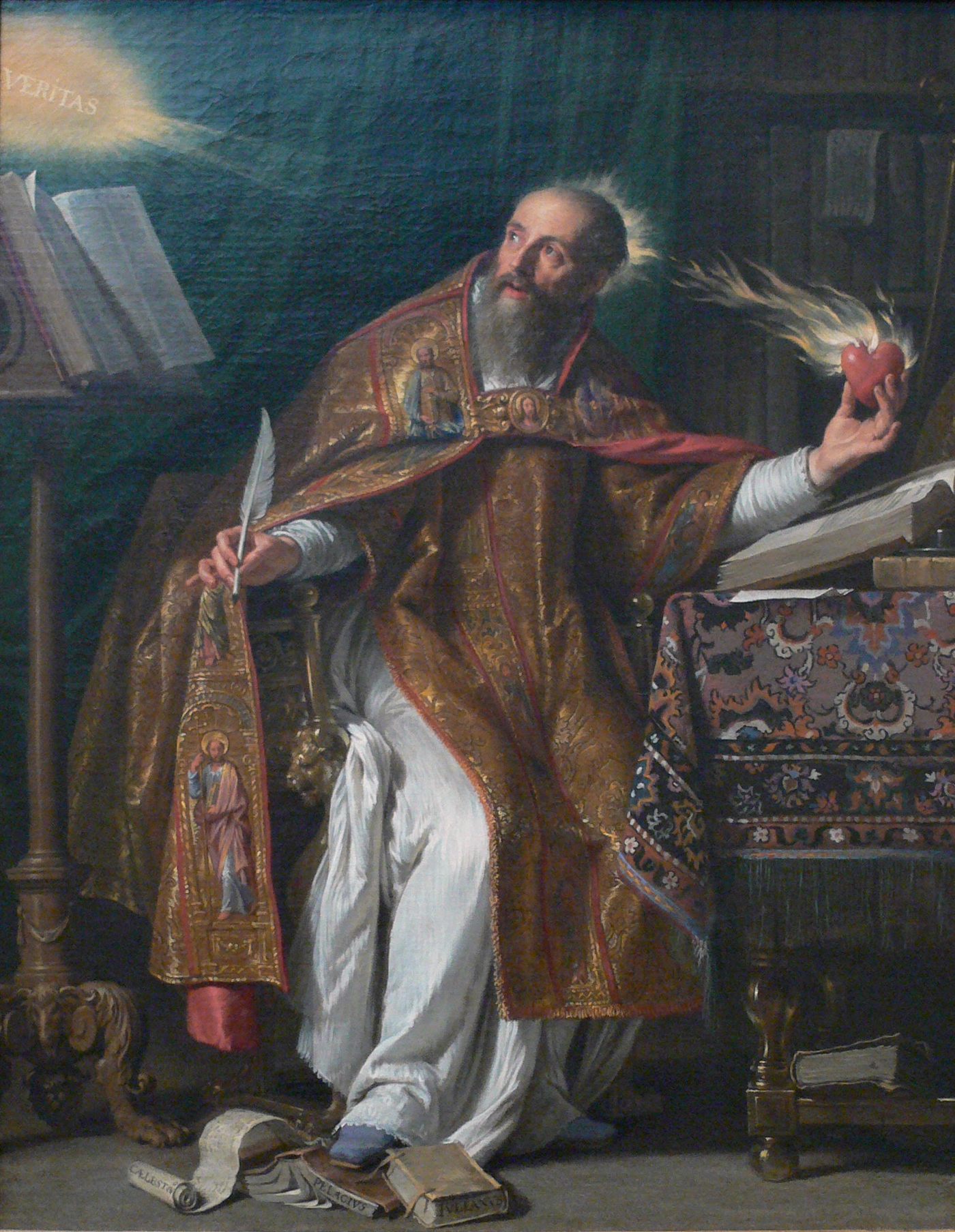 Santo Agostinho, pintura de Philippe de Champaigne: o bispo de Hipona com o coração em chamas na mão