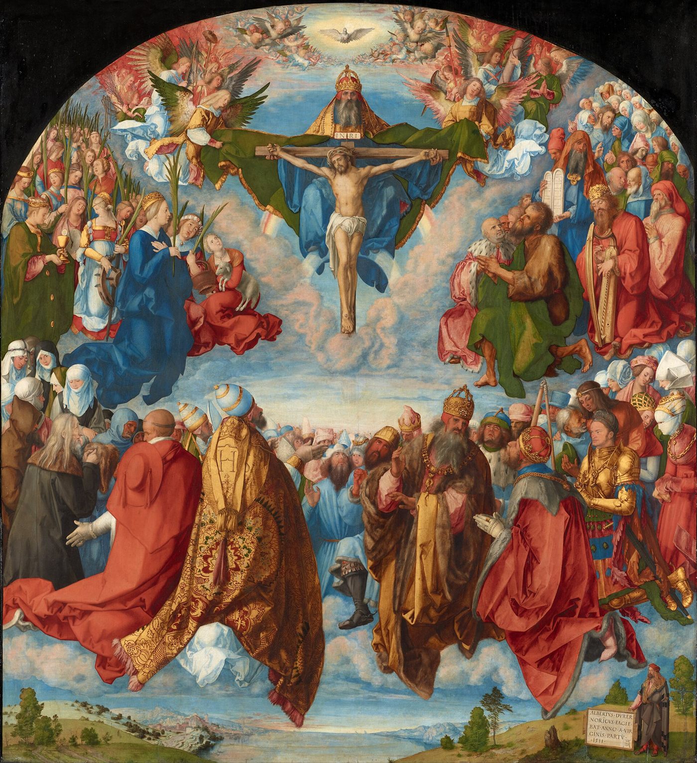 A Adoração da Santíssima Trindade, retábulo de Landauer, pintura de Albrecht Dürer: a Trindade no alto, cercada pela multidão dos santos