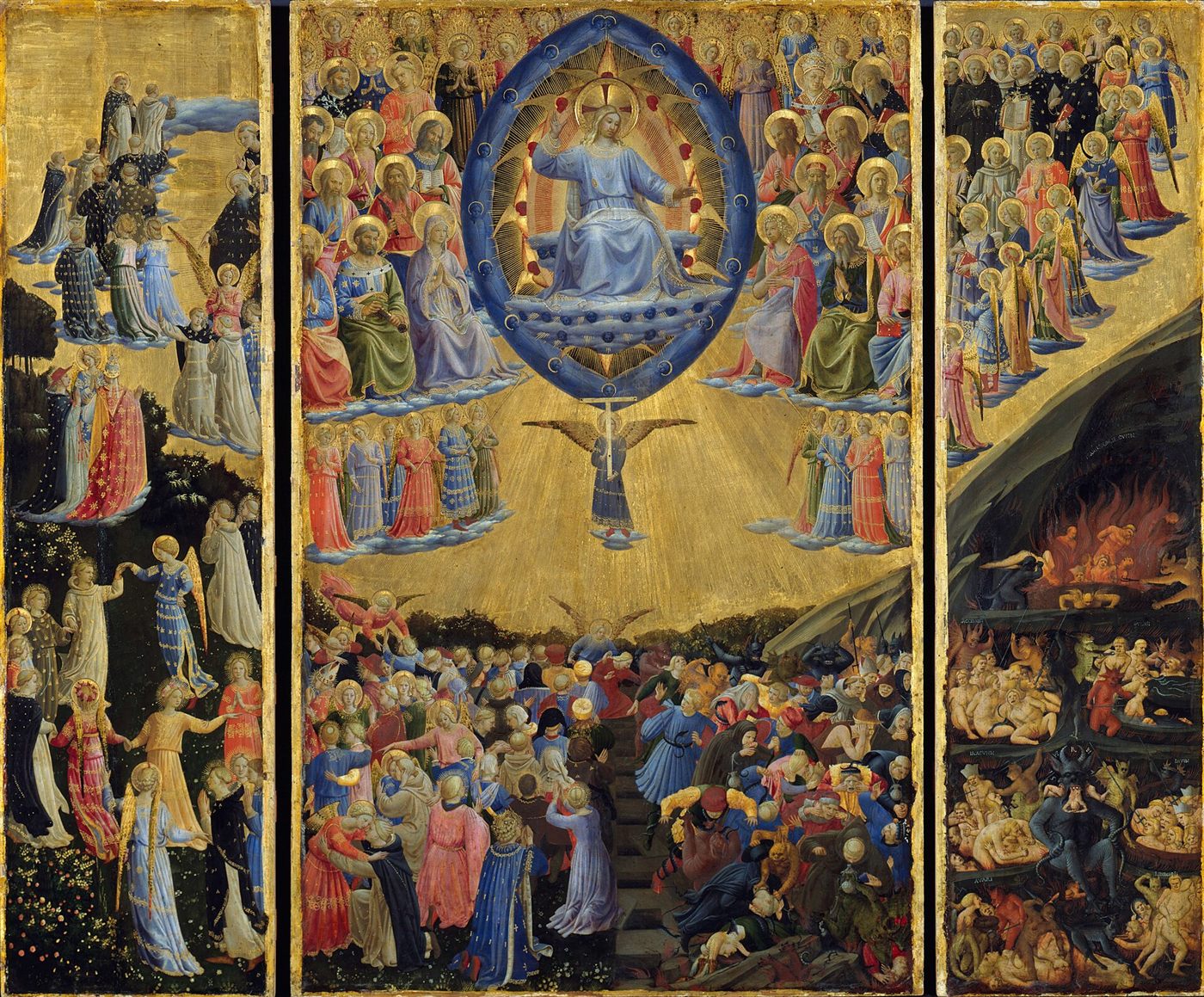 O Juízo Final, pintura de Fra Angelico: Cristo no alto, os eleitos à direita entrando no paraíso e os condenados à esquerda