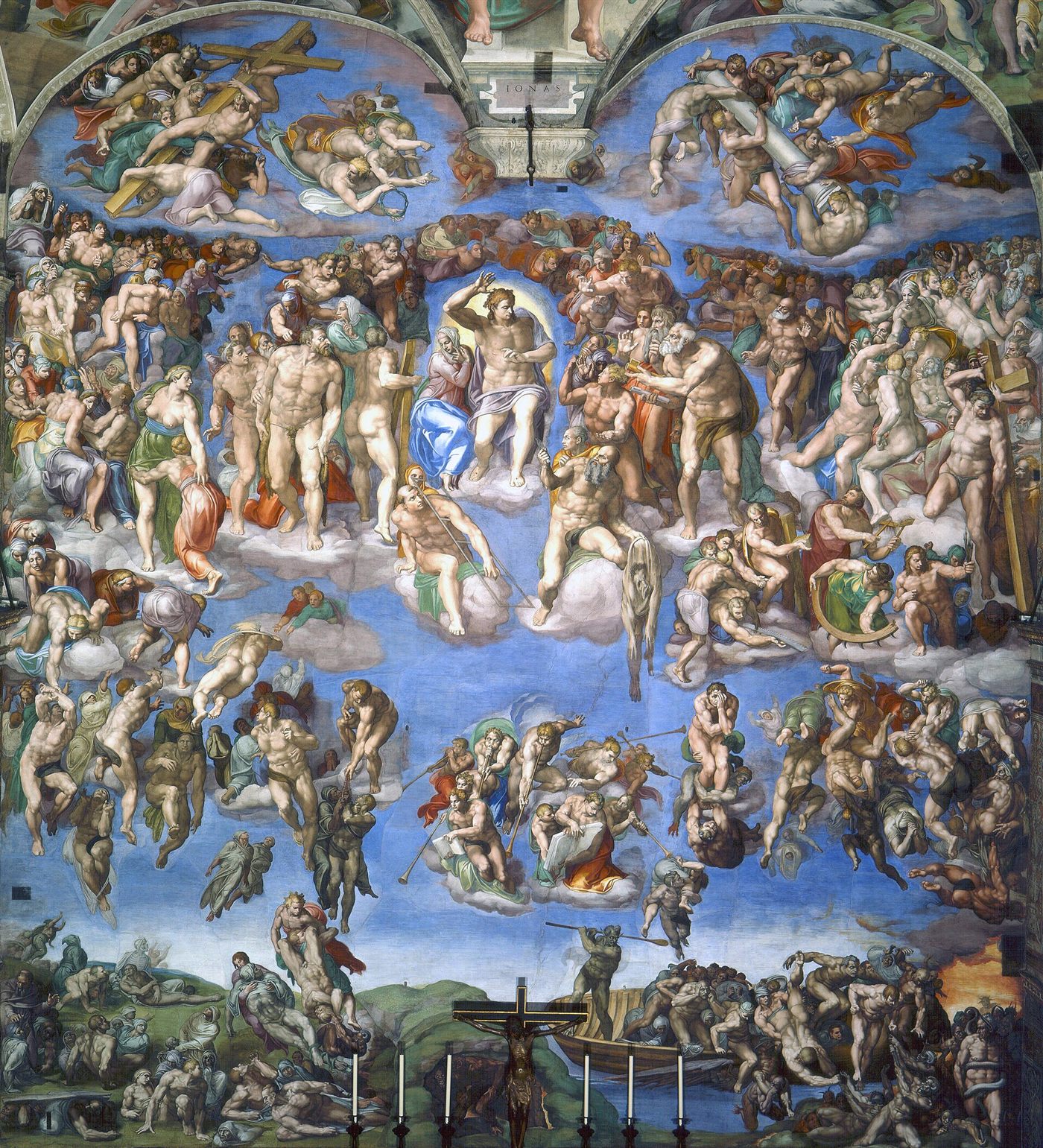 O Juízo Final, afresco de Michelangelo na Capela Sistina: Cristo no centro, com a Virgem ao seu lado, e os eleitos e os condenados em volta