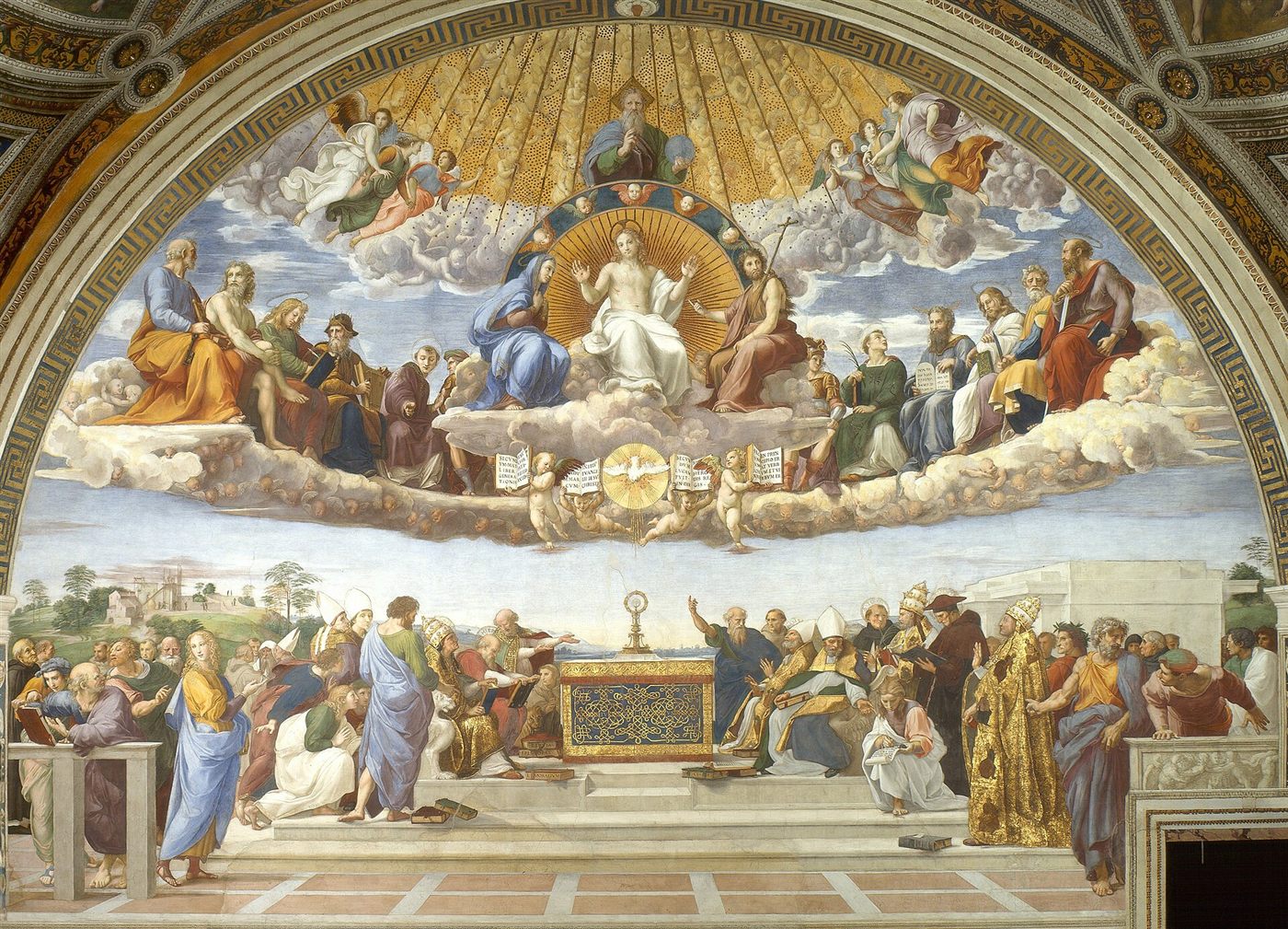 A Disputa do Santíssimo Sacramento, afresco de Rafael no Vaticano: a Igreja do céu no alto e a Igreja da terra embaixo, em volta do altar