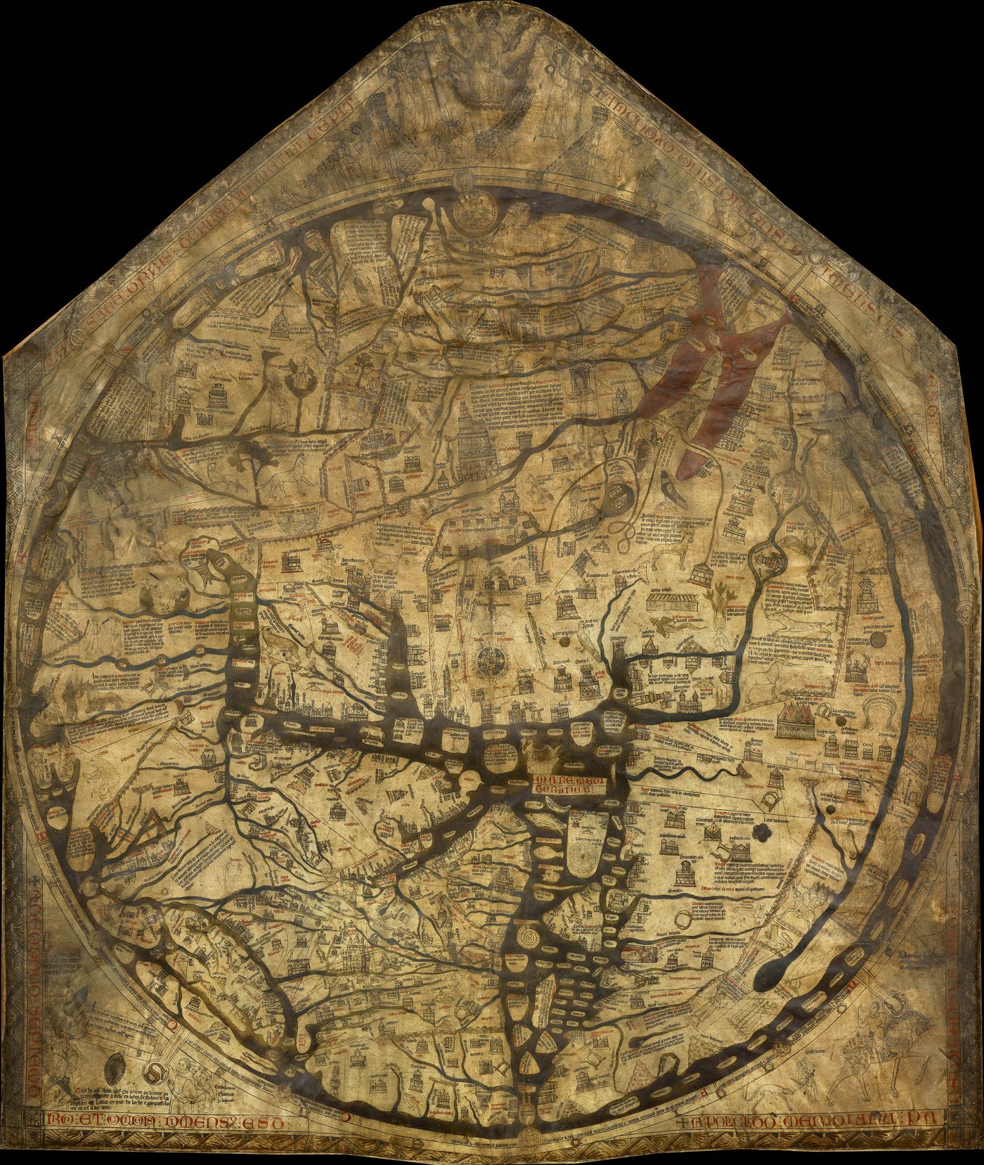 O Mappa Mundi de Hereford, c. 1300, com Jerusalém no centro e o Juízo Final no alto