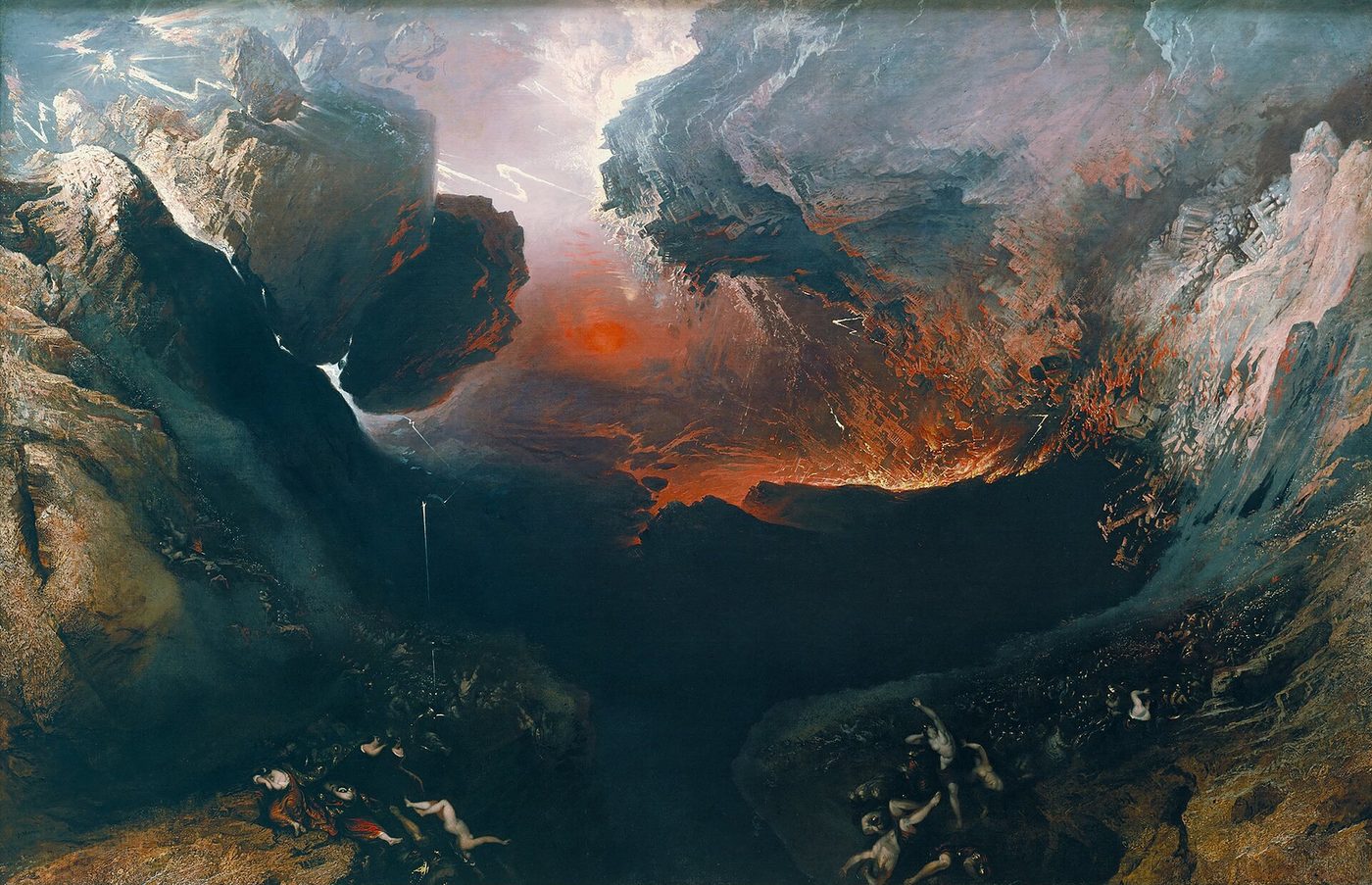 O Grande Dia da Sua Ira, pintura de John Martin: montanhas se partindo sob um céu vermelho