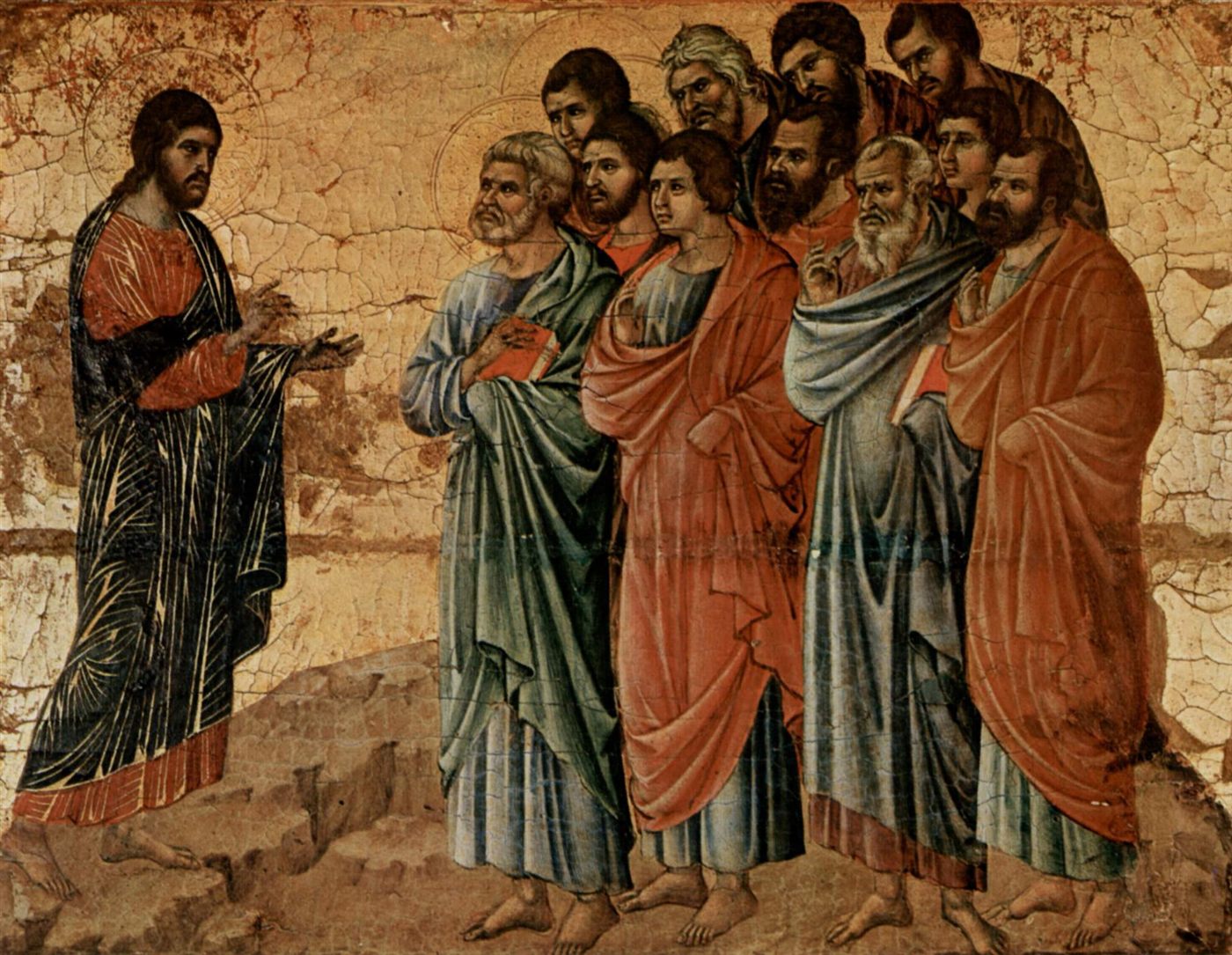 Duccio: Jesus fala aos onze apóstolos sobre o monte, na Galileia