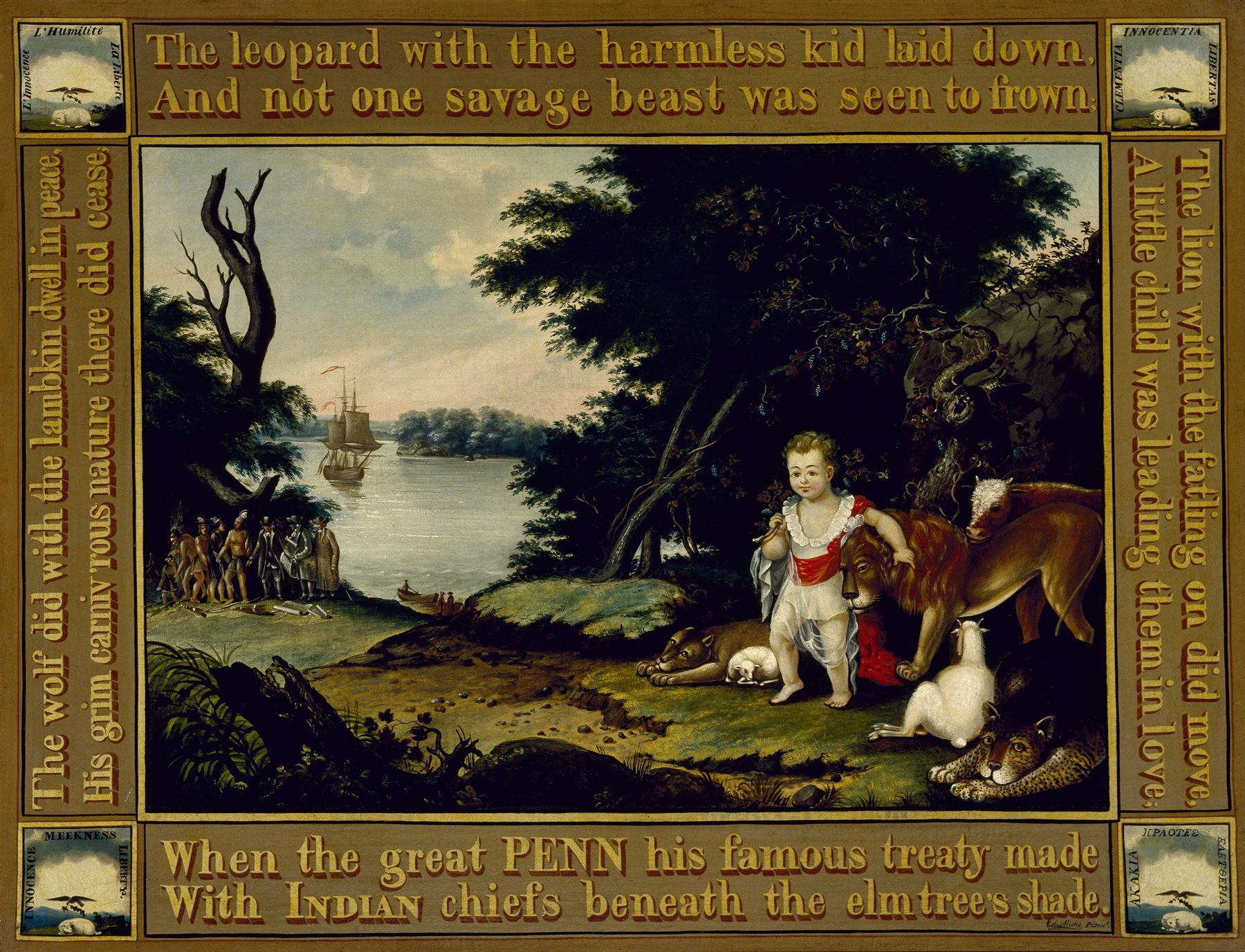 O Reino Pacífico, pintura de Edward Hicks: leão, boi, leopardo e crianças juntos numa paisagem