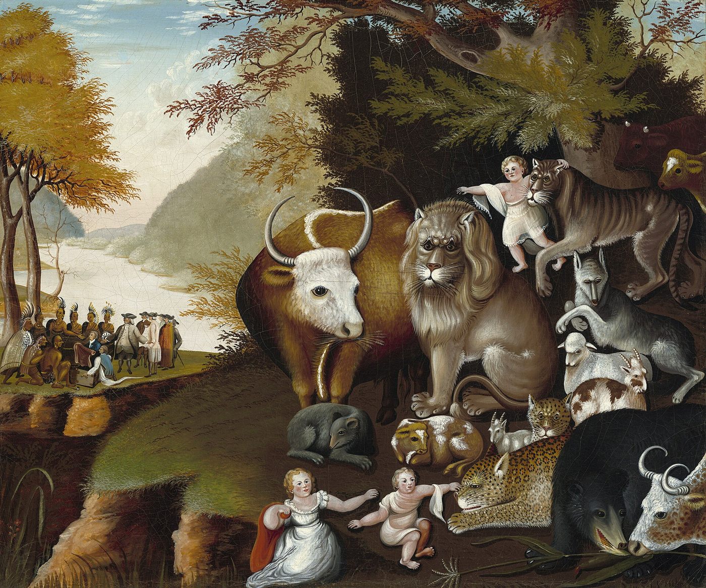 O Reino Pacífico, de Edward Hicks: animais selvagens e domésticos com crianças; ao fundo, o tratado de William Penn com os indígenas