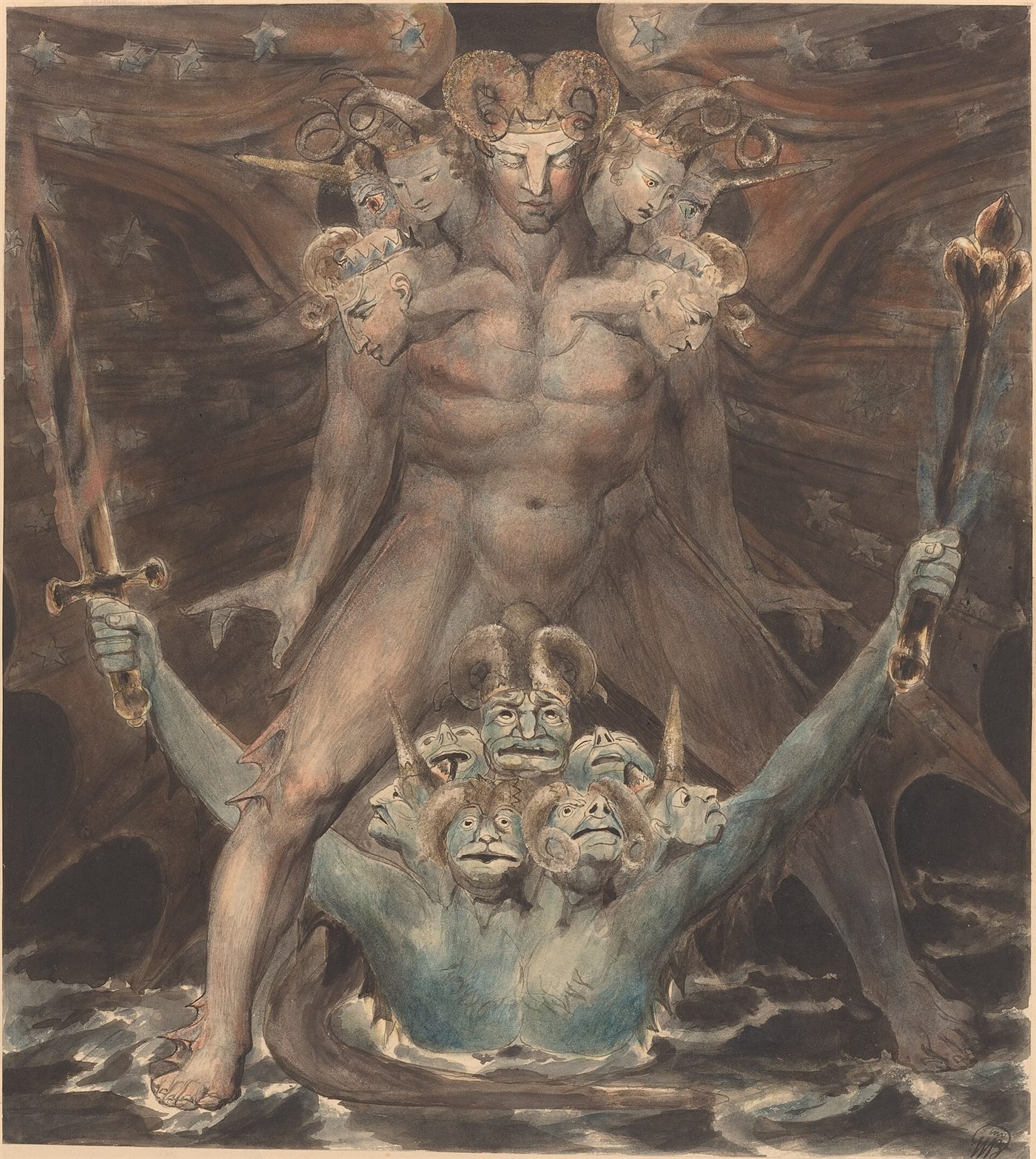 O Grande Dragão Vermelho e a Besta do Mar, aquarela de William Blake