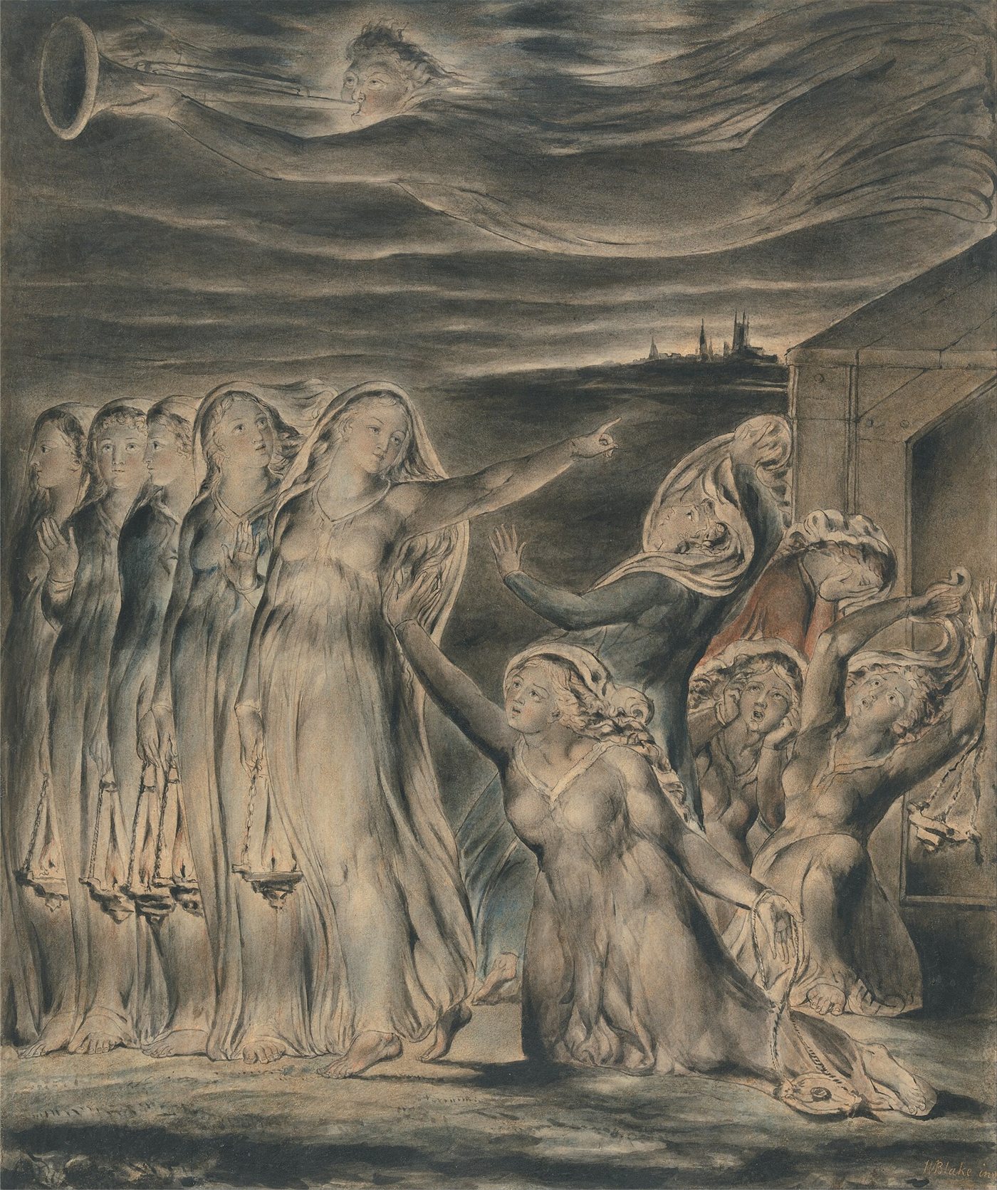 A Parábola das Virgens Sábias e Loucas, aquarela de William Blake: as virgens saem ao encontro do noivo