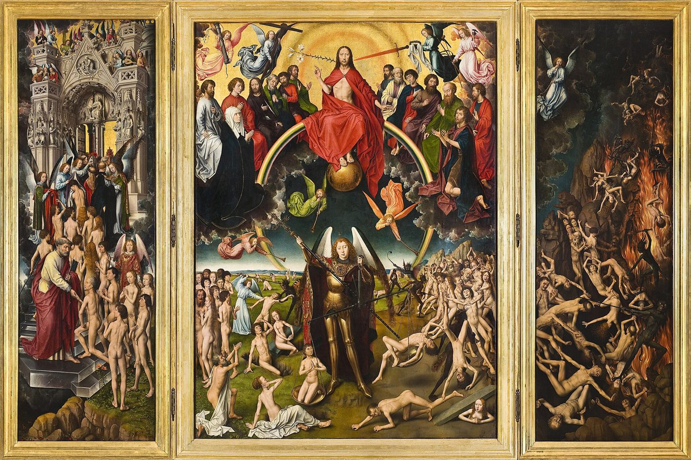 O Juízo Final, tríptico de Hans Memling: Cristo sobre o arco-íris, o arcanjo com a balança e os mortos que ressuscitam