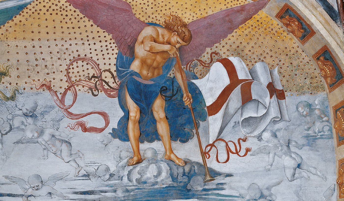 Anjo tocando a trombeta, detalhe do afresco A Ressurreição da Carne, de Luca Signorelli