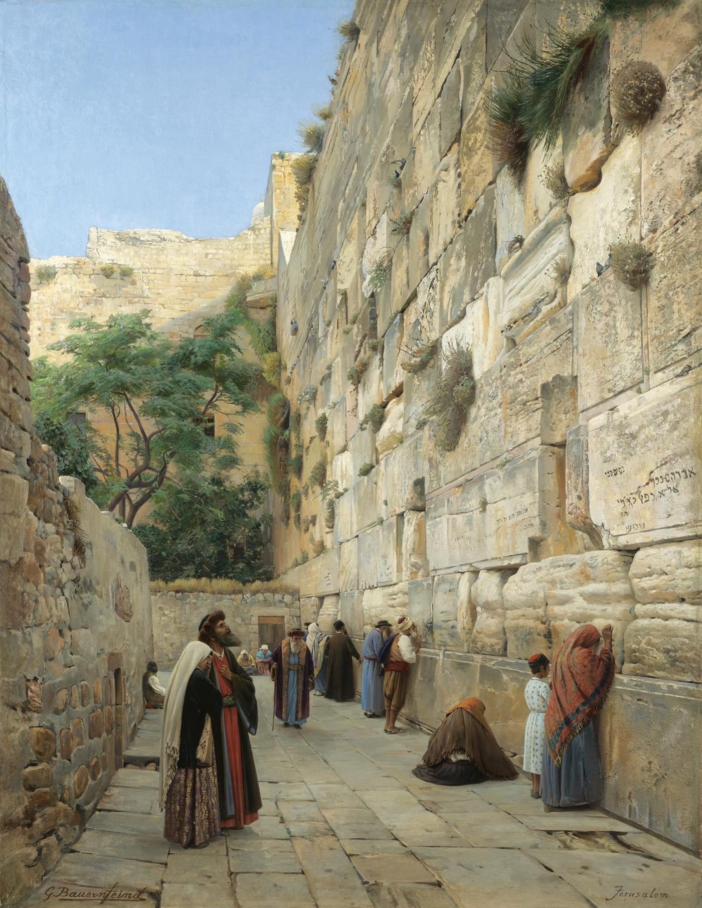 O Muro das Lamentações, pintura de Gustav Bauernfeind, com fiéis rezando junto às pedras