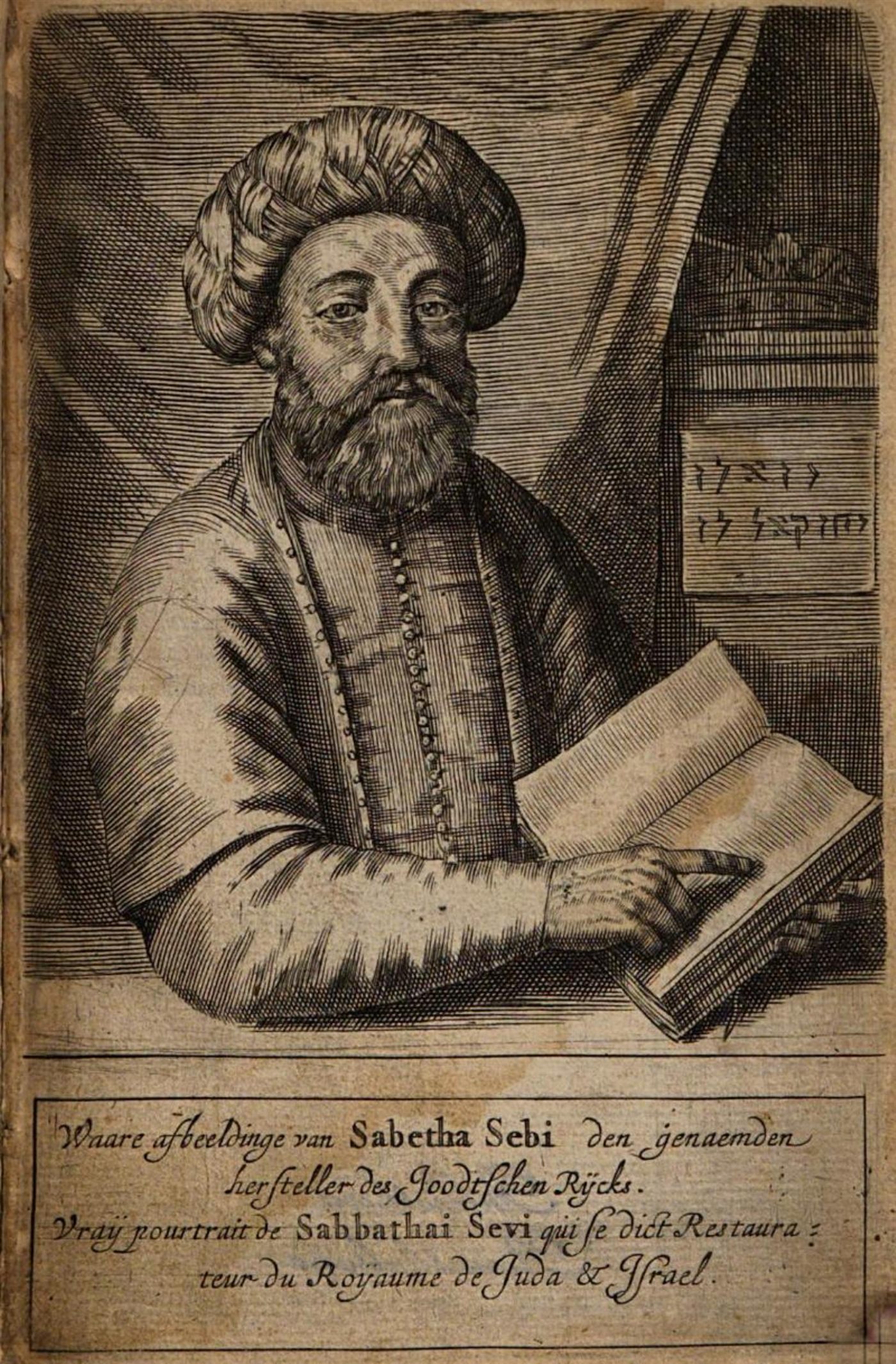 Retrato gravado de Sabbatai Zevi, com turbante e um livro aberto
