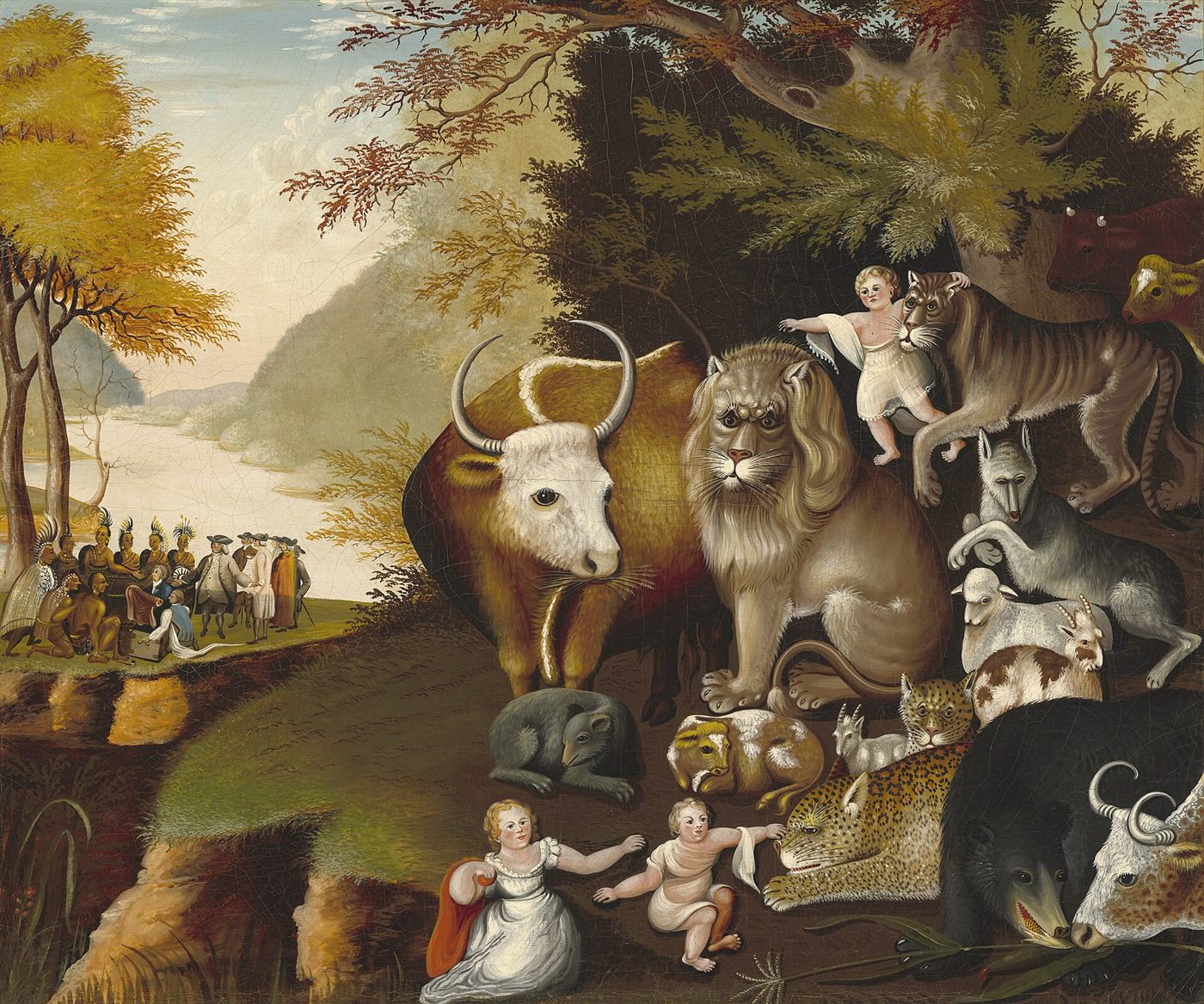 O Reino Pacífico, pintura de Edward Hicks, com animais selvagens e domésticos juntos e crianças