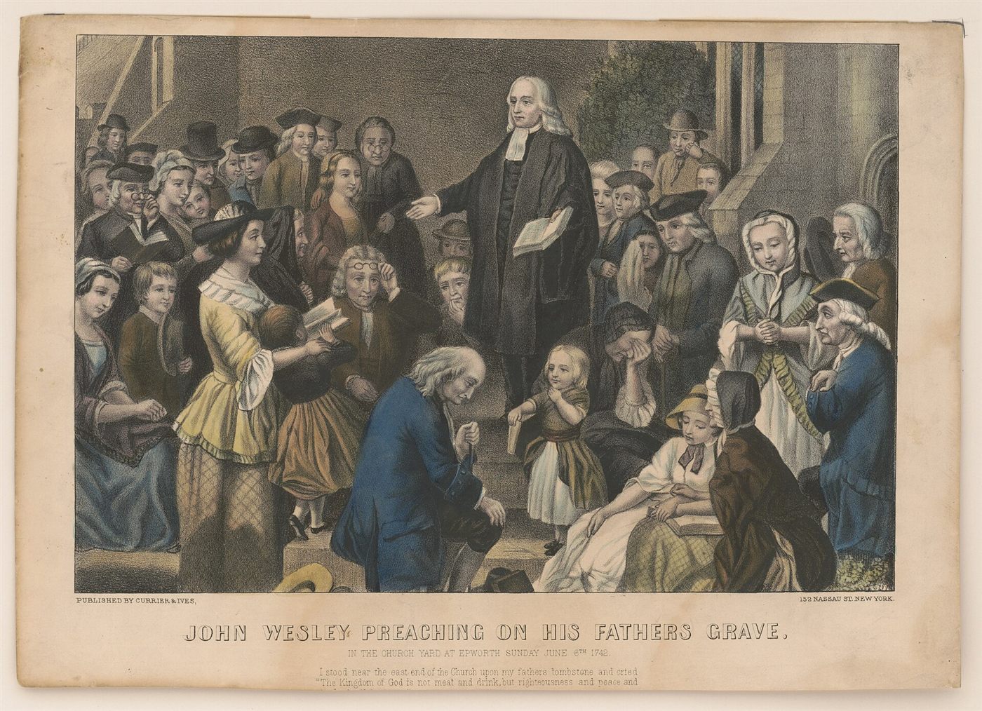 John Wesley pregando sobre o túmulo do pai, no cemitério de Epworth, em 1742