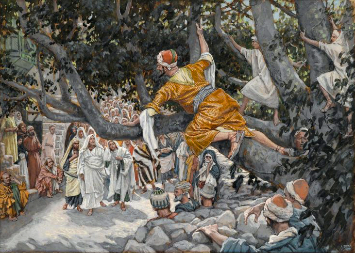 Zaqueu na figueira-brava esperando a passagem de Jesus, por James Tissot